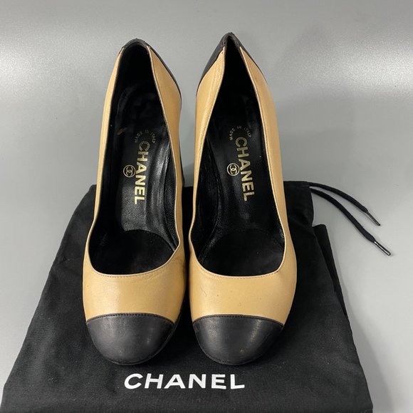 Authentic Chanel Tan and Black Cap-Toe Pumps,  Size 36 - Picture 4 of 12